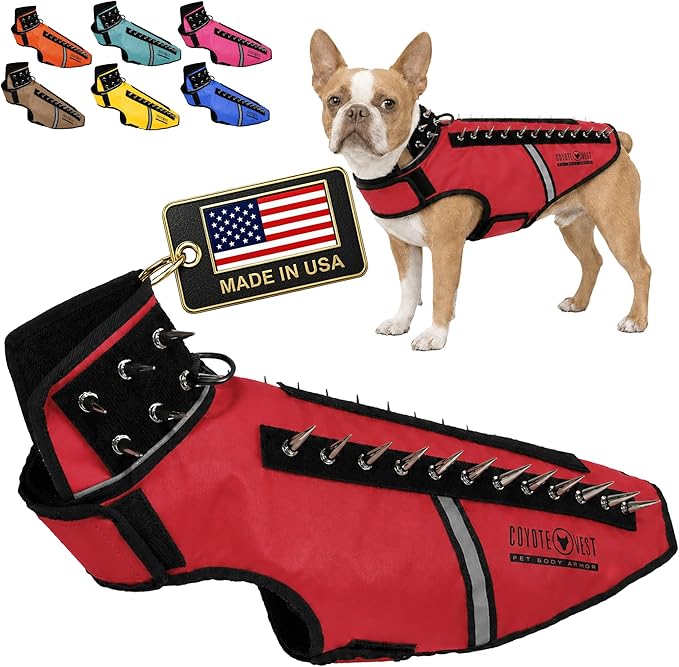 CoyoteVest SpikeVest Dog Harness, Made in the USA, M-Red | Stab-Resistant Protective Vest | Coyote Vest for Dogs | Defends Against Coyotes, Dogs, Birds of Prey | Reflective Safety