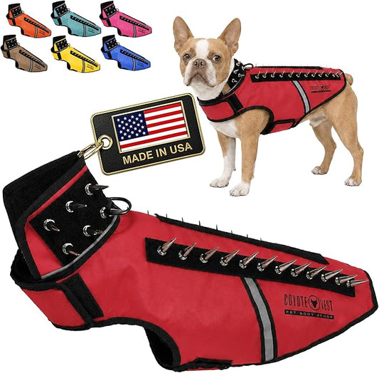 CoyoteVest SpikeVest Dog Harness, Made in the USA, M-Red | Stab-Resistant Protective Vest | Coyote Vest for Dogs | Defends Against Coyotes, Dogs, Birds of Prey | Reflective Safety