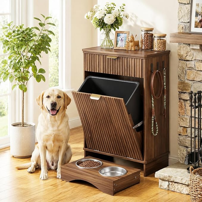 Dog Feeding Station,Dog Food Storage Cabinet,Pet Feeding Station with 2 Elevated Bowls,Hidden Pet Feeder Station with Hooks (Tilt-Out Dog Feeding Station-Walnut)