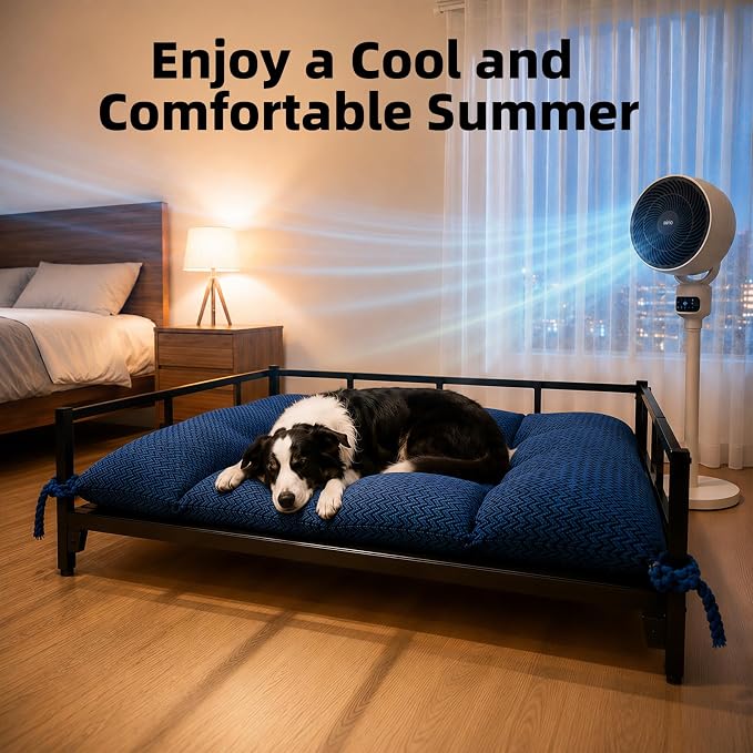 Indestructible Elevated Steel Dog Bed Frame 47"x 27"x 12" with Washable Cushion Mat, Raised Pet Cot Supports 220lbs Large Size Dog,Sturdy, Durable, No-Slip Feet, for Indoor & Outdoor,Matte Black