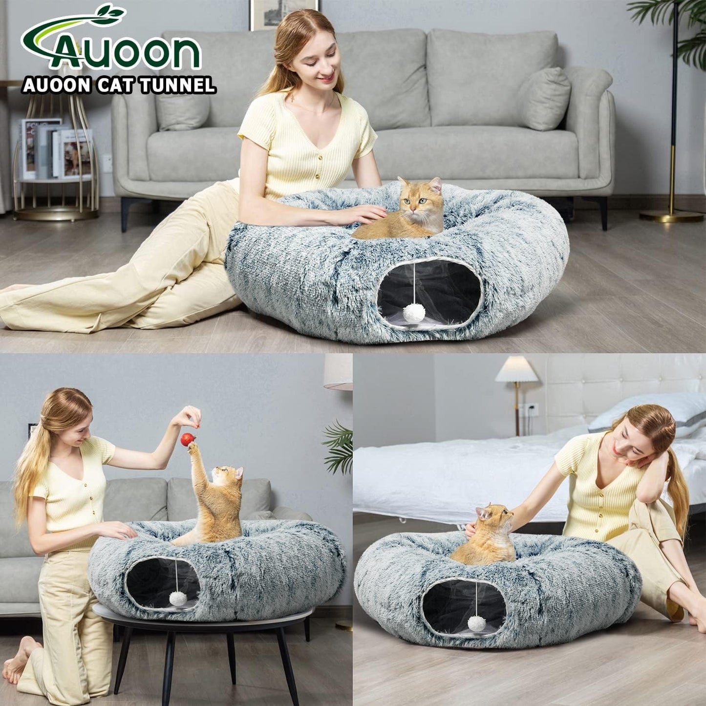 AUOON Cat Tunnel Bed - Cat Donut Tunnel with Soft Plush Circle Cushion for Indoor Cats Kitten Kitty Puppy Rabbit Ferret (Gray)