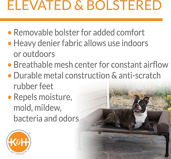 K&H Outdoor Elevated Dog Bed, Bolster Pet Cot, Medium 32x25in, Chocolate | Pet Cot for Medium & Large Pets, Washable Mesh Center Hammock with removable Washable Bolsters, Indoor / Outdoor Dog Bed