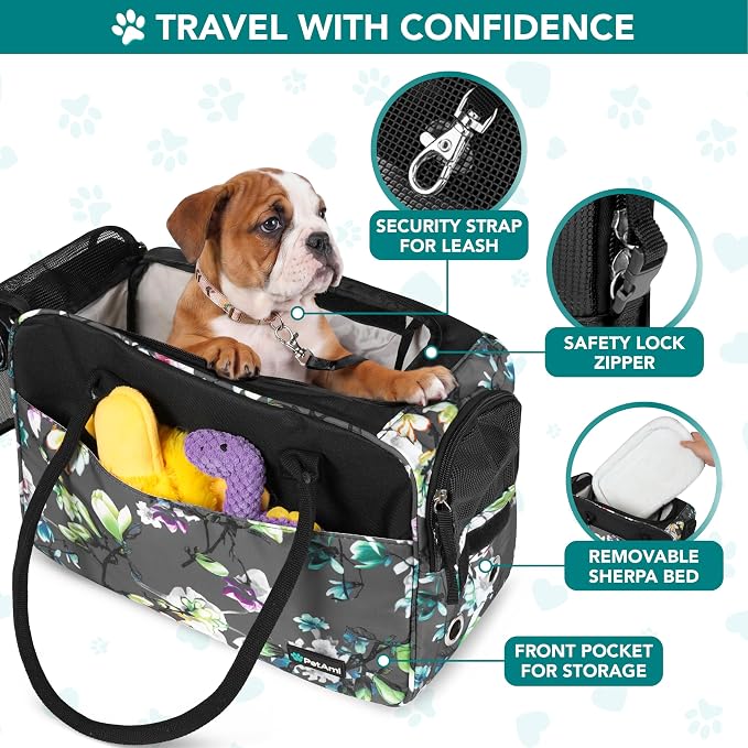 PetAmi Dog Purse Carrier for Small Dogs Cats, TSA Airline Approved Soft-Sided Pet Carrier with Pockets, Ventilated Travel Tote Bag with Bed & Shoulder Strap, Puppy Kitten, Max 12 lbs, Floral Gray