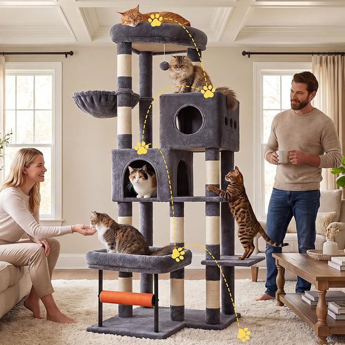 Hey-brother Cat Tree, 68.5 inch Cat Tower with L-Shaped Extended Base, Multi-Level Plush Furniture with 2 Spacious Candos, 2 Platforms, 11 Scratching Posts, Hammock and Toy Ball, Smoky Gray MPJ086G