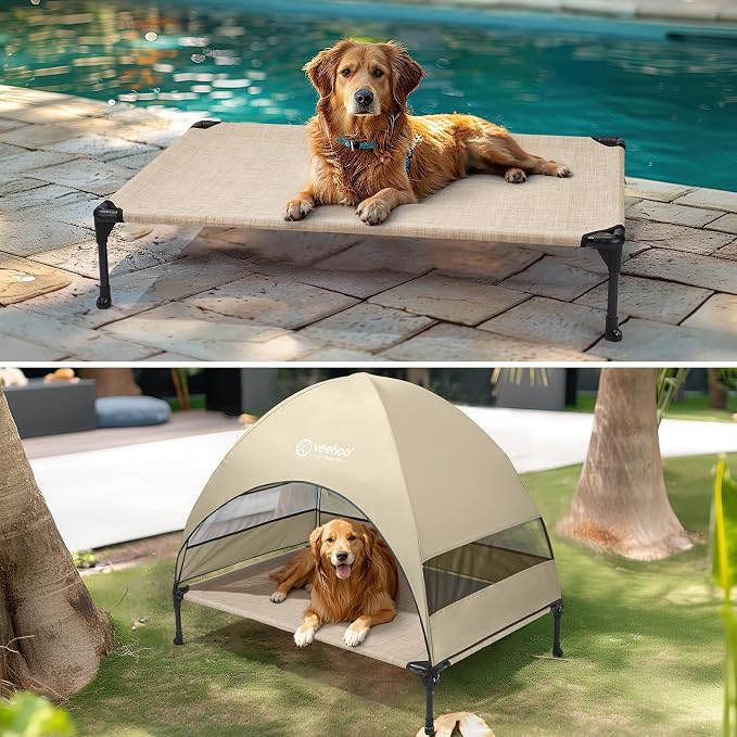 Veehoo Outdoor Dog Bed with Canopy, Cooling Elevated Dog Shade for Outside | Portable Raised Dog Cot with Removable Shade, Sun Protection Dog Tent Outdoor for Camping, Beach, 42" x 33.5", Beige Coffee