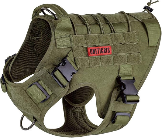 OneTigris Tactical Dog Harness, No-Pull Dog Vest with Leash Clips Green M | Dog Harness Adjustable for Hiking Training Outdoor Military 1000D Pullable Nylon, Service Dog Vest with Hook & Loop Panels
