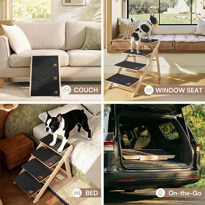 Luciphia Wooden 2-in-1 Dog Stairs, 3-Step Foldable Anti-Slip Pet Steps | For beds, cars, and couch, supports up to 220lbs, ideal for small, aged, and injured dogs and cats, indoor and outdoor use