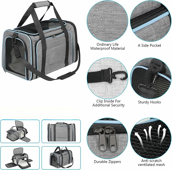 Expandable Cat Carrier Pet Carrier with 2 Extensions,Airline Approved Soft-Sided Portable Dog Travel Washable Carrier for Kittens,Puppies,Removable Soft Plush Mat (Black, Medium)