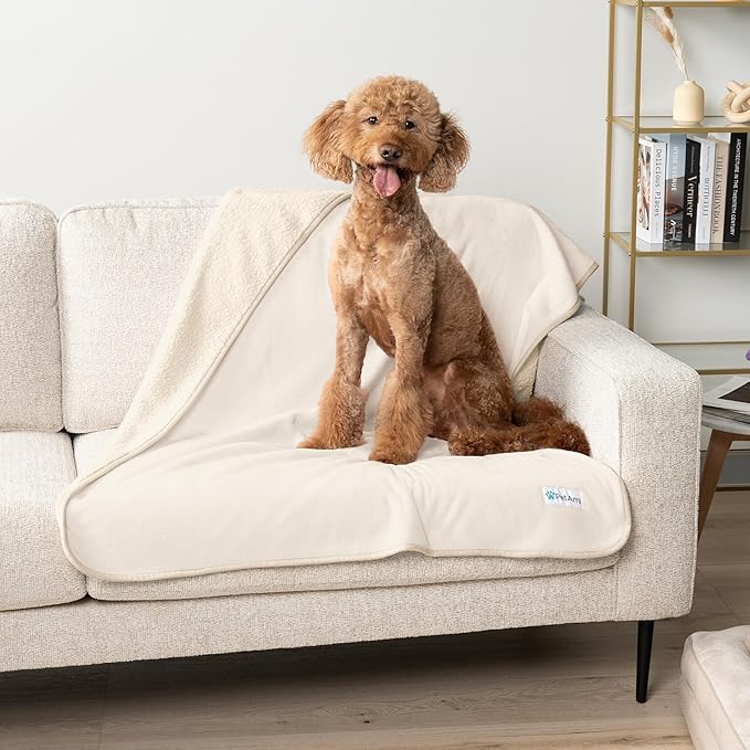 PetAmi Waterproof Dog Blanket for Extra Large Dogs, Pee Proof for Bed Couch, Reversible for Puppy Indoor Cat, Soft Dog Crate Cover Washable, Queen 90x90 Beige
