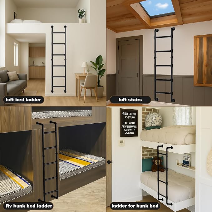 Black 6-Step Wall Mounted Steel Ladder, 6FT Egress Window Well Loft Ladder for Bunk Bed, Camper, RV – Wall/Floor-Mounted Indoor Climb for Basement, Loft, Dorm, Small Spaces