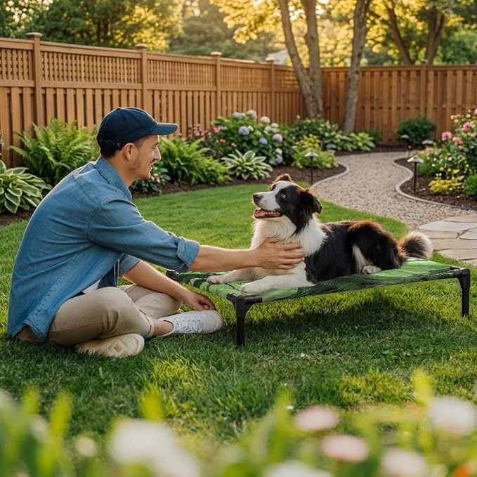 Outdoor Elevated Dog Bed for Large Dogs, Green Trees Breathable Cooling Raised Dog Cot for Indoor/Outdoor, Sunlight Forest Branches Nature Scenery Waterproof Elevated Pet Beds, L 28 x 22 in