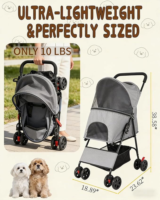 Pet Stroller for Small Medium Dogs Cats - Lightweight Foldable Dog Stroller | 33lbs, 4 Wheels All Terrain Cat Stroller, Breathable Mesh & Safety Tether, Storage Basket for Outdoor Walks-GRAY