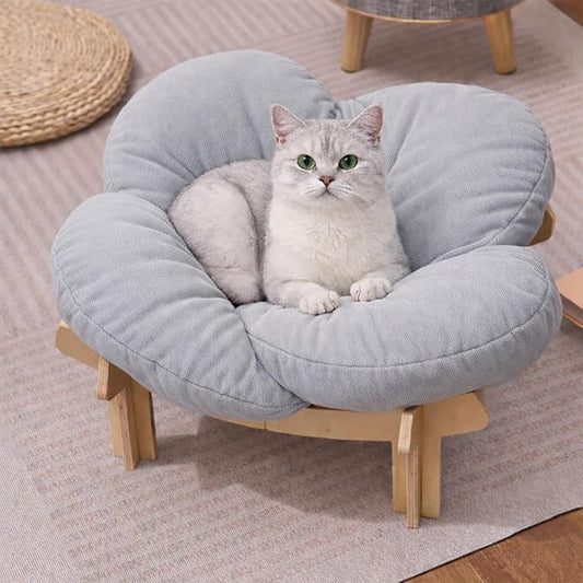 Elevated Wooden Cat Bed with Fluffy Removable Cushion, Modern Petal Shaped Cat Couch Sofa for Indoor Cats Small Dogs 40lbs Capacity Easy to Assemble (Gray)