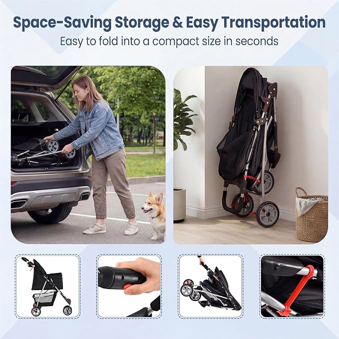 Giantex 3 Wheel Foldable Dog Stroller for Small Dogs Cats, Lightweight Pet Stroller with Lockable Wheels, One-Hand Quick Fold, Mesh Windows, Safety Leash & Storage Basket, Pet Travel Stroller (Black)