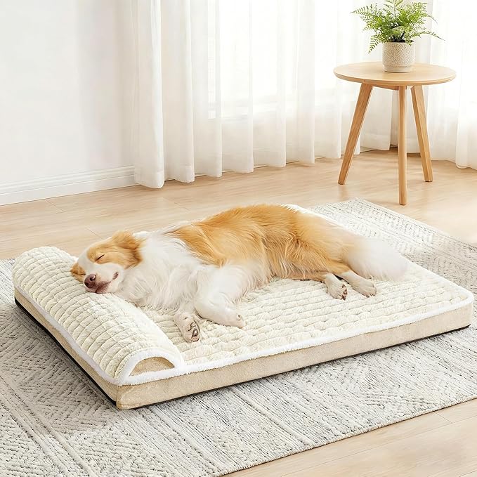 Orthopedic Medium Dog Bed Pillow Pet Sofa Bed 30''X20'' Ivory | Egg-Crate Foam Pet Couch Medium Size Dog, Waterproof Removable Washable Cover,Furry Puppy Crate Mat With Nonskid Bottom