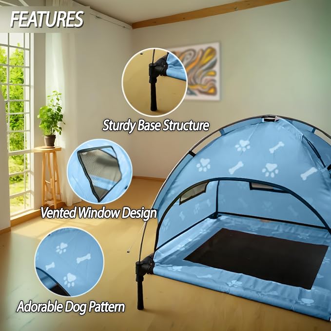 Elevated Covered Dog Bed - 36" x 36" x 30" - Dog Shade Canopy Lounger for Small & Large Dogs (Up to 110 lbs) - Portable & Durable - Cooling, UV & Water Resistant with Mesh Windows - Pastel Blue