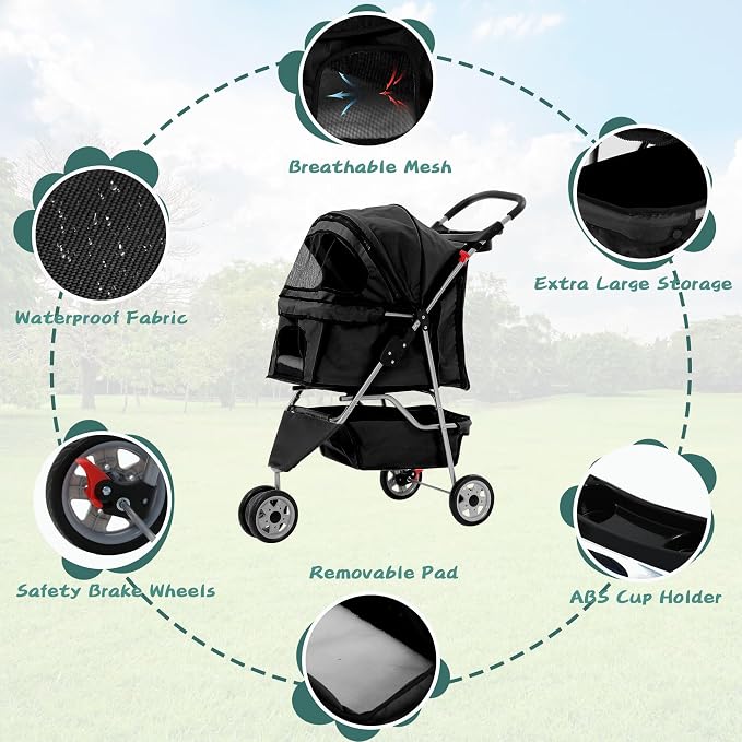 Pet Stroller for Small Medium Dogs & Cats,3-Wheel Breathable Compact Foldable Dog Carrier with Storage Basket, Outdoor Portable Lightweight Travel Stroller for Camping,Black