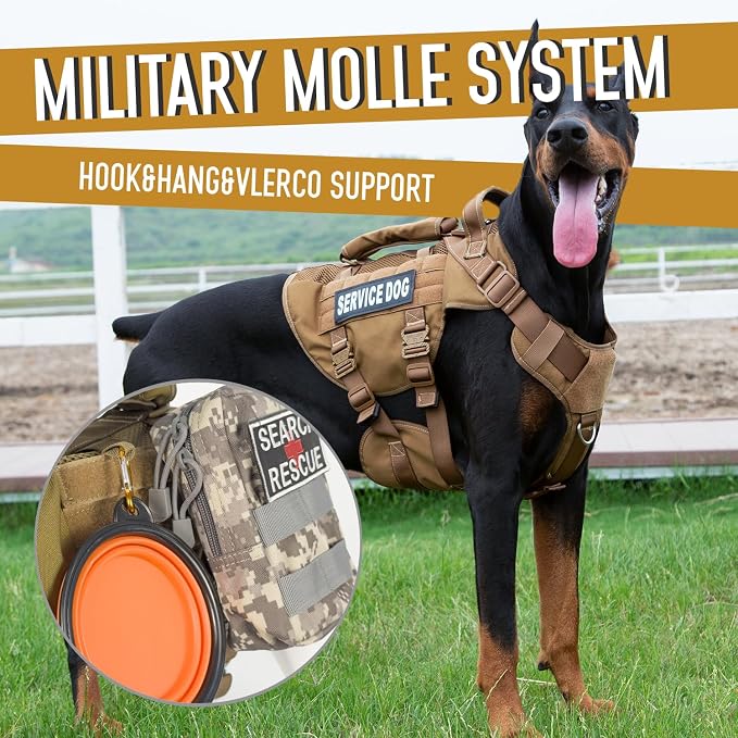 Service Dog Vest for Large Dogs, Brown Tactical Harness with Military MOLLE, Breathable Mesh & 39g Metal Buckle - Size XL for Training & Hiking