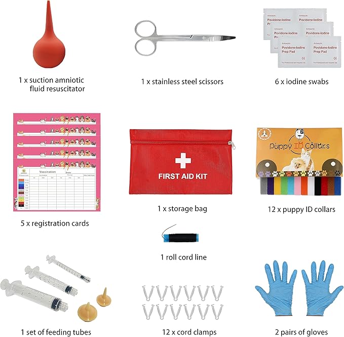 SQUARECIRCLE Complete Dog Whelping Kit with Feeding Nipple, Record Keeping Charts, ID Collars, Aspirator, Cord Clamps & More - Essential for Newborn Puppies (Red no pad)