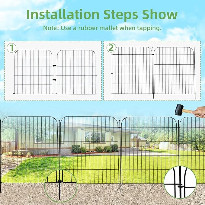 10 Panels Decorative Garden Fence with Gate for Outside, 32 in(H) X 23.6 ft(L) Rustproof Metal Wire Panel Border Fencing with Temporary Ground Stakes, No Dig Animal Barrier for Dog and Patio