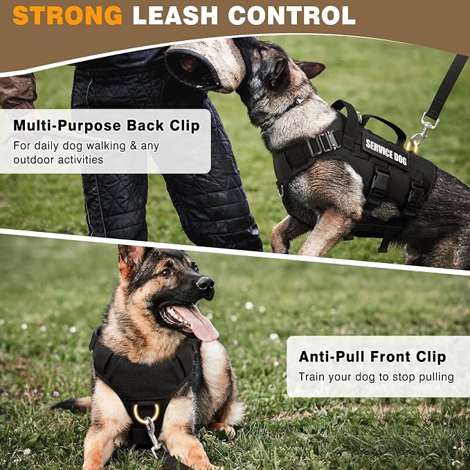 Service Dog Vest Harness for Large Dog, Tactical Working MOLLE Vest with 10 Pet Patches, No Pull Heavy Duty Harness for Training Walking