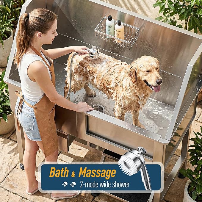 46" Dog Washing Station, 304 Stainless Steel, 440 lb, Side Step | hot cold faucet, fixed sprayer, shampoo dispenser, storage drawer, S-trap, hair filter, garage outdoor grooming