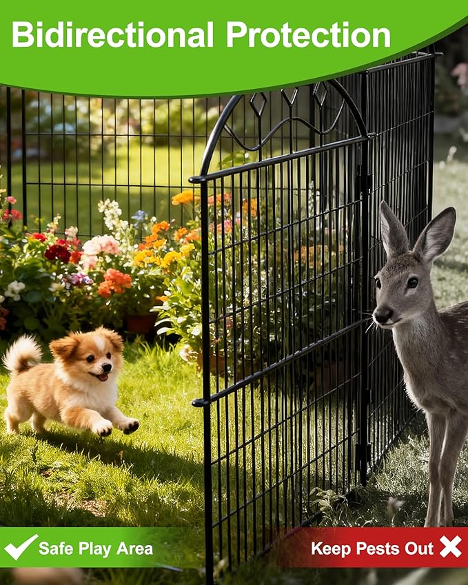 10 Panels Black Metal No Dig Garden Fence, 33in H x 24ft L Temporary Animal Barrier for Dogs & Rabbits, Reusable Outdoor Yard Fencing