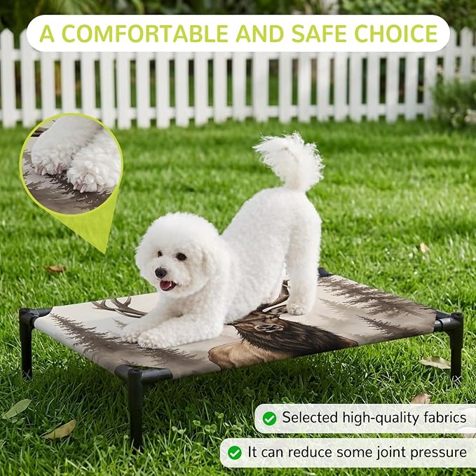 Outdoor Elevated Dog Bed for Large Dogs, Brown Elk Breathable Cooling Raised Dog Cot for Indoor/Outdoor, Farm Pine Forest Tree Wildlife Rustic Waterproof Elevated Pet Beds, L 28 x 22 in