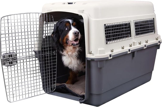SportPet Airline Compliant XXX-LARGE 48" Travel Dog Kennel-Durable Plastic Airline Pet Carrier w/Removable Wheels & Food Bowls, Collapsible Indoor/Outdoor Dog Kennel, Dogs up to 44"L & 33"H-Cream/Gray