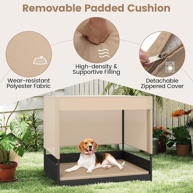 Tangkula Elevated Wicker Dog House for Small to Medium Breeds, Raised Rattan Pet Sofa Bed with Removable Cushion, Canopy Roof, Indoor & Outdoor Puppy Cat Shade Shelter for Patio, Yard, Garden