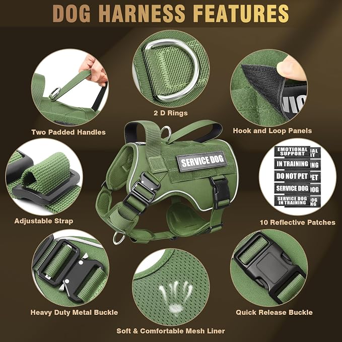 Tactical Dog Harness for Large Dog, Heavy Duty Service Dog MOLLE Vest with 10 Pet Patches, No Pull Military Working Vest for Training Hunting Walking
