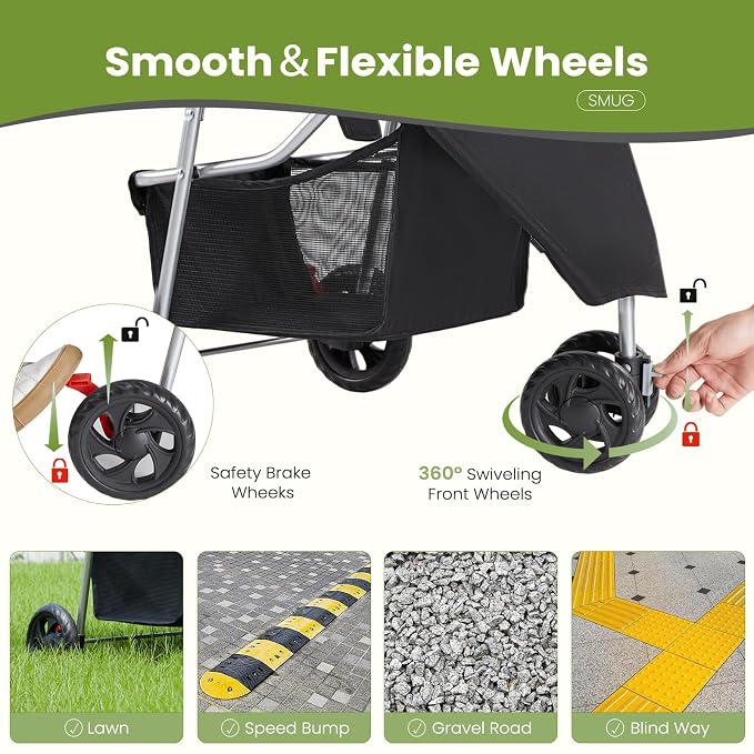 3 Wheel Pet Stroller for Dogs, Cats Stroller with Storage Basket and Cup Holders, Foldable, Lightweight and Durable, Ideal for Small to Medium Pets, Home Cleaning, Black