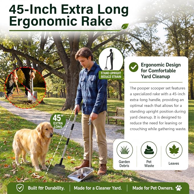 Stainless Steel Dog Pooper Scooper 45in Handle Large Tray Rake | with Heavy DutyV Dog Pooper Scooper for Large Holding Capacity, Rust-Proof Poop Scoop Set for Grass, Concrete and Gravel