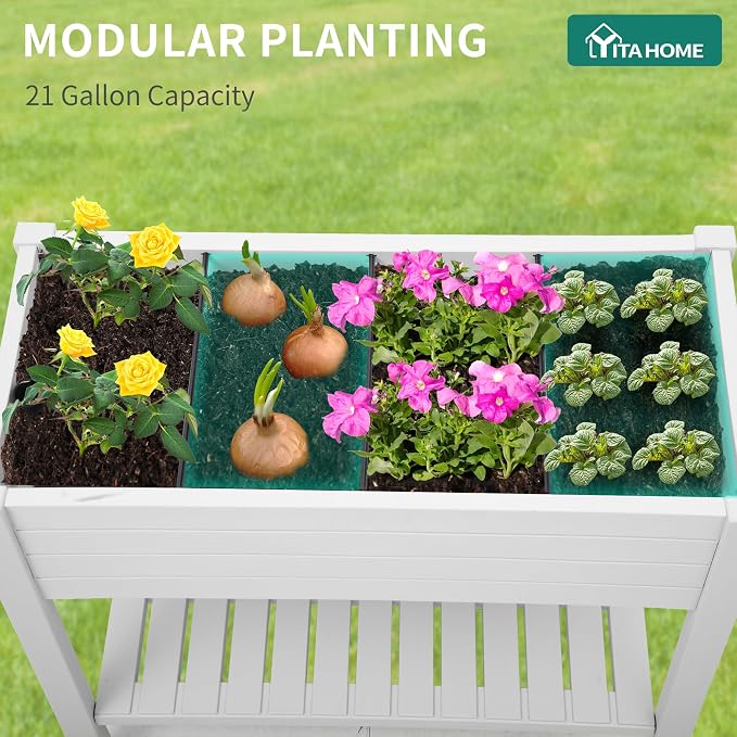 YITAHOME Raised Garden Bed with Wheels 43.3x17.7x34 in Raised Planter Box with Legs, Drain Plug and Storage Shelf, Elevated Planter Box for Plants Vegetables Flowers Herbs, White