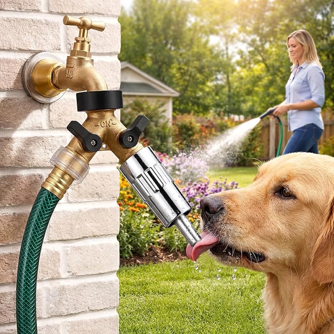 Realspring 3/4" Automatic Dog Water Dispenser with 2 Way Hose Splitter, Outdoor Dog Water Fountain Hose Spigot Attachment, Fits Garden Faucet for Large Dogs & Livestock, Anti-Leak Tape Included
