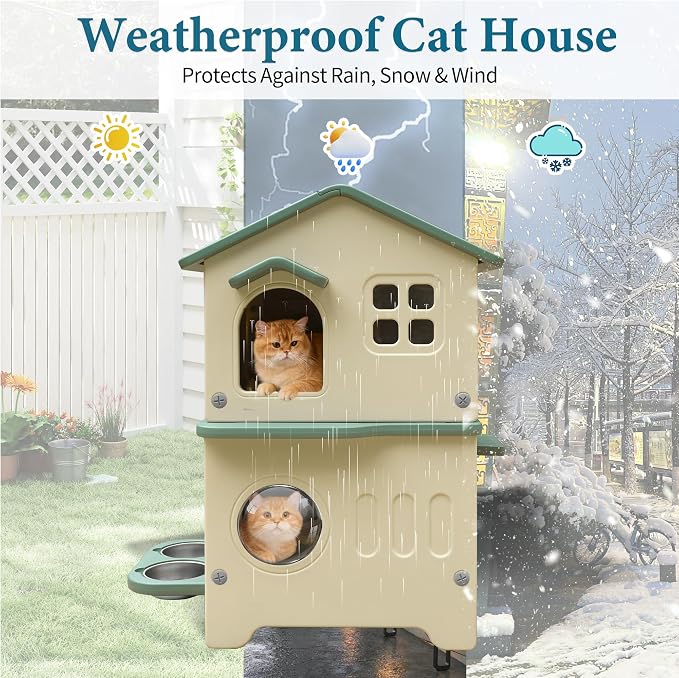 Cat House Outdoor Weatherpoof Plastic Cats Houses 2-Story | with Elevated Cat Bowls, Cat Scratch Pads and Escape Door, Indoor Waterproof Feral/Pet Cat Shelter Outside for Multiple Cats