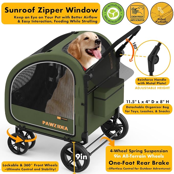 PAWZIDEA 3-in-1 Dog Stroller for Large Dogs with Detachable Carrier, 45% Extra Tall Dog Car Crate up to 100lb Sit Upright, Foldable Pet Stroller for 2 Medium Dogs All-Terrain Jogger, Adjustable Handle