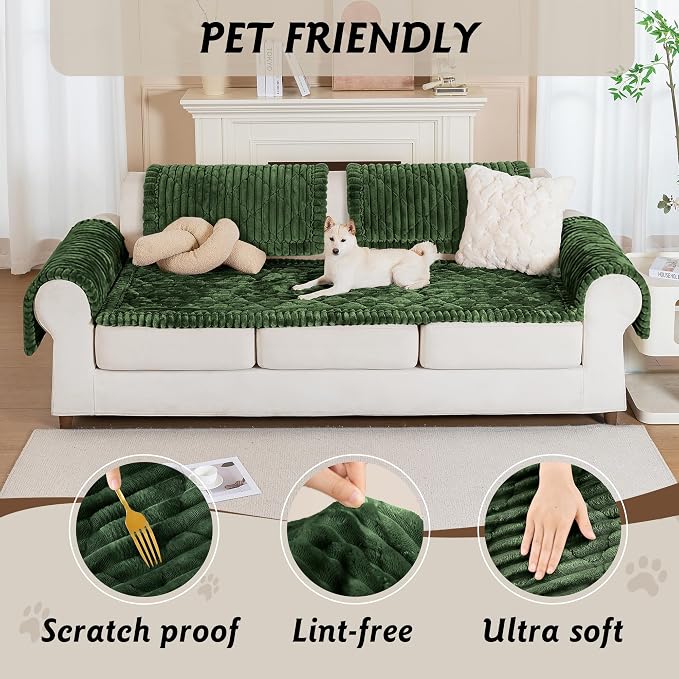 PuTian 100% Waterproof Fuzzy Couch Cover for Dogs Green 27.6"x82.7" | Pet Friendly Dog Mat for Couch, Waterproof Sofa Protector, Scratch Resistant Furniture Cover for Dogs, Machine Washable