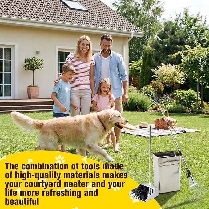Stainless Steel Dog Pooper Scooper Set, 8.8 Gal Bucket, Long Handle | Includes Rake, Tray and Bucket for Yard Cleanup. Extra-wide Tray and Adjustable Handle Help Clean Large Dog Waste Easily
