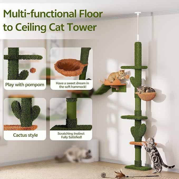 Cactus Floor to Ceiling Cat Tower, 17-in-1 Cat Wall Shelves, Green | Cat Tree with Adjustable Height(87-104 IN), Cat Climbing Wall Furniture Set for 16 Inch Drywall, with Scratching Post, Tunnel