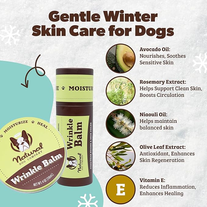 Natural Dog Company Wrinkle Balm for Dogs – Dog Wrinkle Balm for Skin Folds, Facial Creases & Wrinkles, Lick-Safe Wrinkle Cream for Bulldogs, Pugs & Bully Breeds, Daily Winter Skin Care, 1oz Tin
