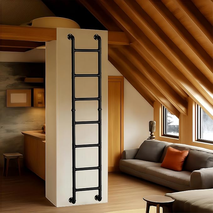 Black 7-Step Wall Mounted Ladder, 7FT Steel Egress Window Well & Loft Ladder for Attic Basement Gym – Wall/Floor-Mounted Indoor Climb for Small Spaces & Storage Access
