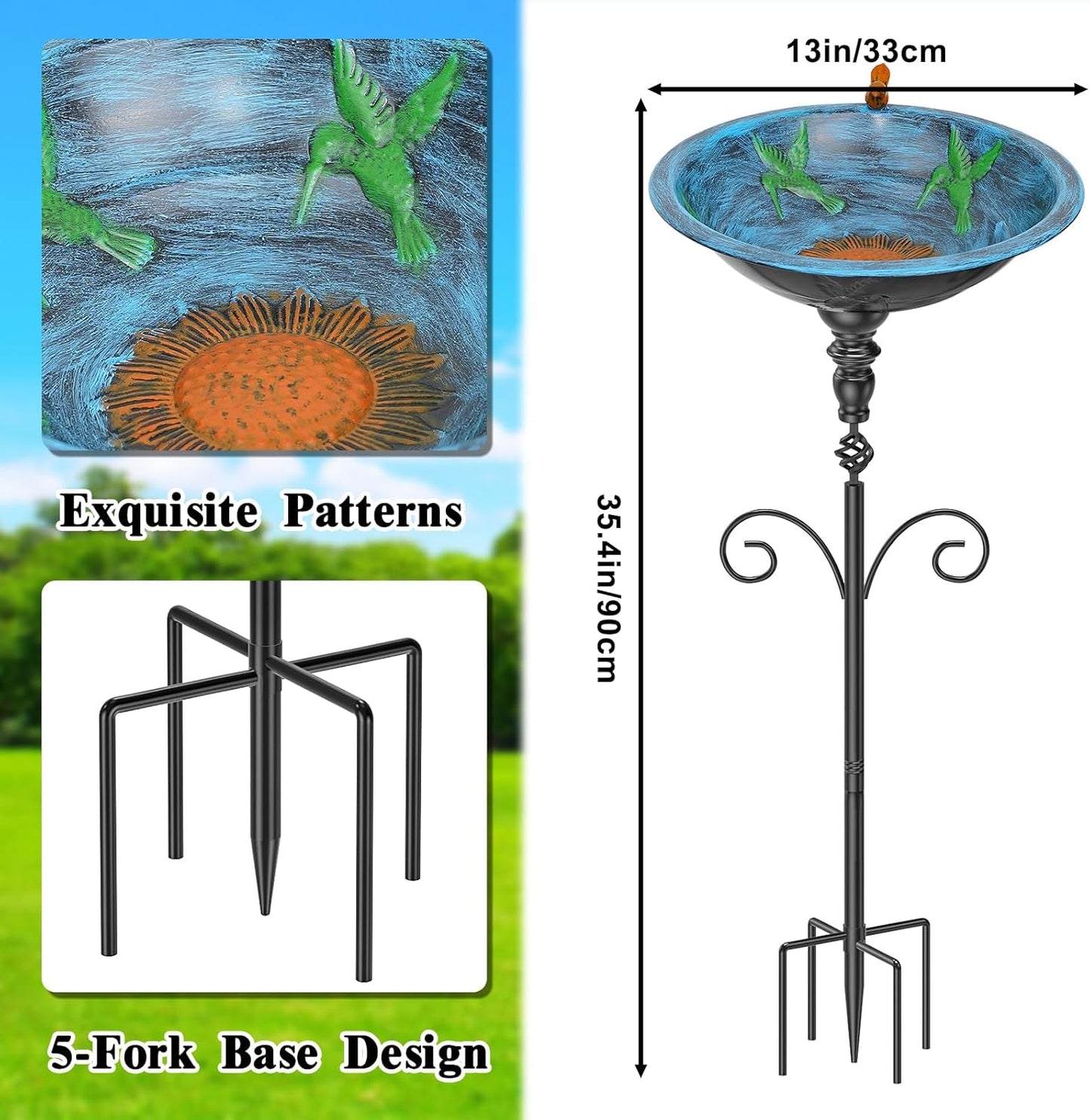 35In Tall Bird Bath for Outside, Vintage Metal Birdbaths & Birdfeeder with 5 Prong Bases for Outdoors, Freestanding Bird Baths Feeder Bowl with for Garden Yard Lawn Decor (Retro Blue)