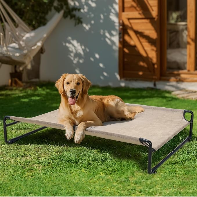 Veehoo Outdoor Elevated Dog Bed, Cooling Raised Dog Beds for Large Dogs | Washable Dog Cot with Headrest Sides, Non-Skid Feet, Breathable Mesh, Cooling Pet Hammock for Indoor or Camping, 42", Beige