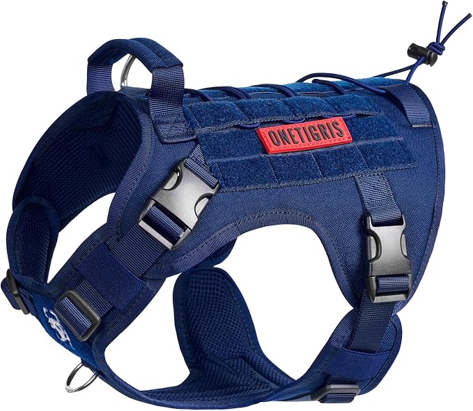 OneTigris Tactical Dog Harness with Handle No-Pull Adjustable for Large Dog | Military 1000D Pullable Nylon, Service Dog Vest with Hook & Loop Panels, Easy On & Off for Walking Hiking Training Blue L