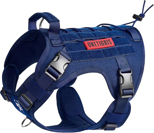 OneTigris Tactical Dog Harness Vest No-Pull Service Dog Vest for Small Dogs | 1000D Pullable Nylon, with Control Handle and Hook & Loop Panels, Easy On & Off, Adjustable for Walking Training Blue XXS