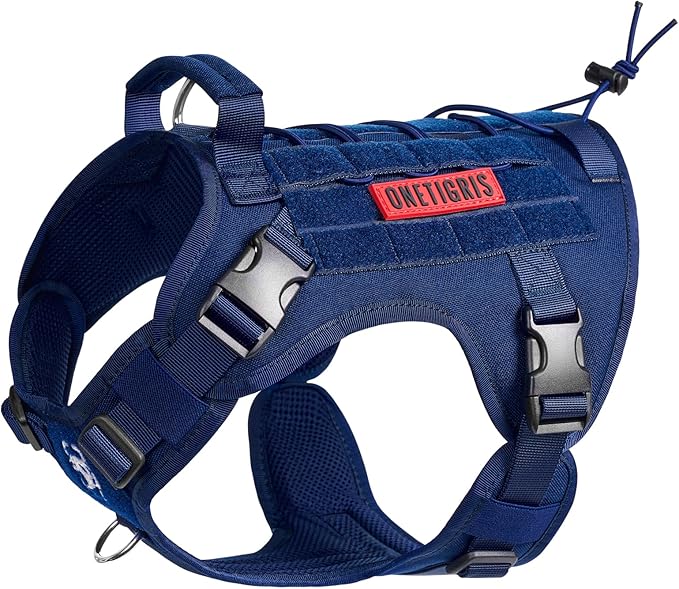 OneTigris Tactical Dog Harness with Handle No-Pull Adjustable for Small Dog | Military 1000D Pullable Nylon, Service Dog Vest with Hook & Loop Panels, Easy On & Off for Walking Hiking Training Blue S
