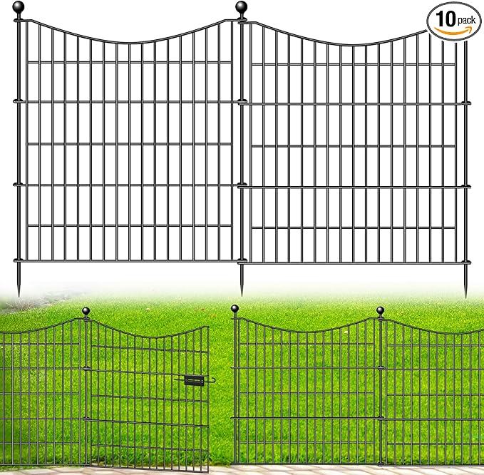 10 Panels Decorative Garden Fence with Gate, 32 in(H) X 23.6 ft(L) No Dig Dog Fence Animal Barrier Outdoor for Yard, Rustproof Metal Garden Edging and Borders, Temporary Fencing Stakes