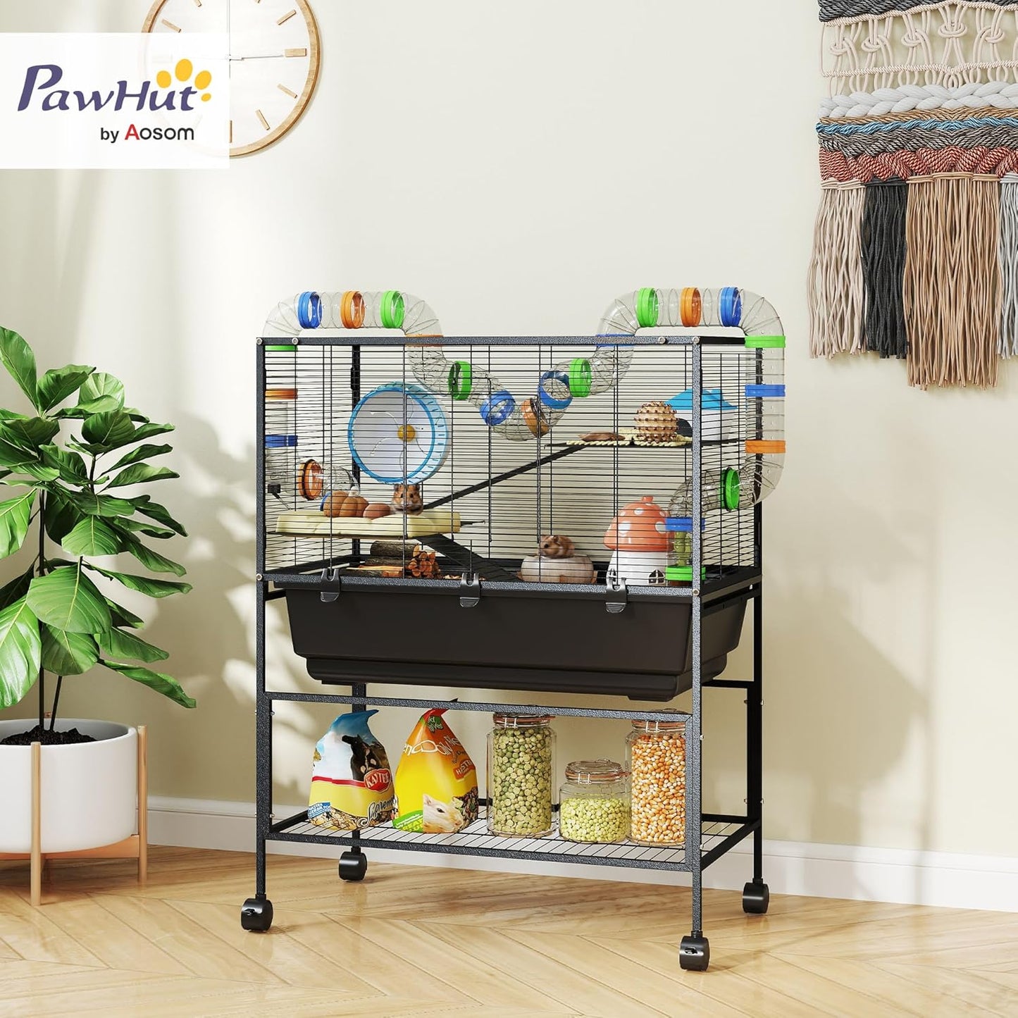 PawHut Hamster Cage with Deep Tray, 3 Tier Rolling Rat Cage with Storage Shelf, Big Exercise Wheel, Tube System, Hut, Platforms, Ramps, Food Dish, Water Bottle, for Syrian, Gerbil, Mouse