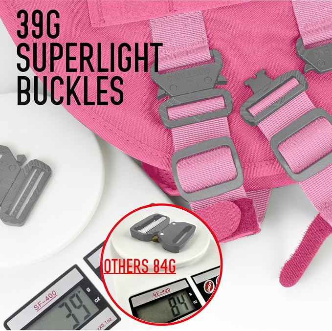 Service Dog Vest for Large Dogs, Pink Tactical Harness with Military MOLLE, Breathable Mesh & 39g Metal Buckle - Size L for Training & Hiking